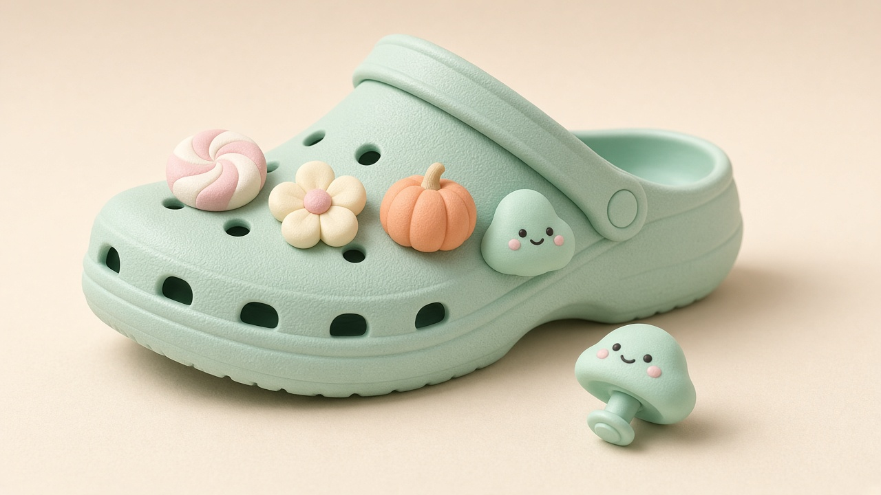 Design render of mint shoe with peppermint, flower, pumpkin and puffy fixed-head charms