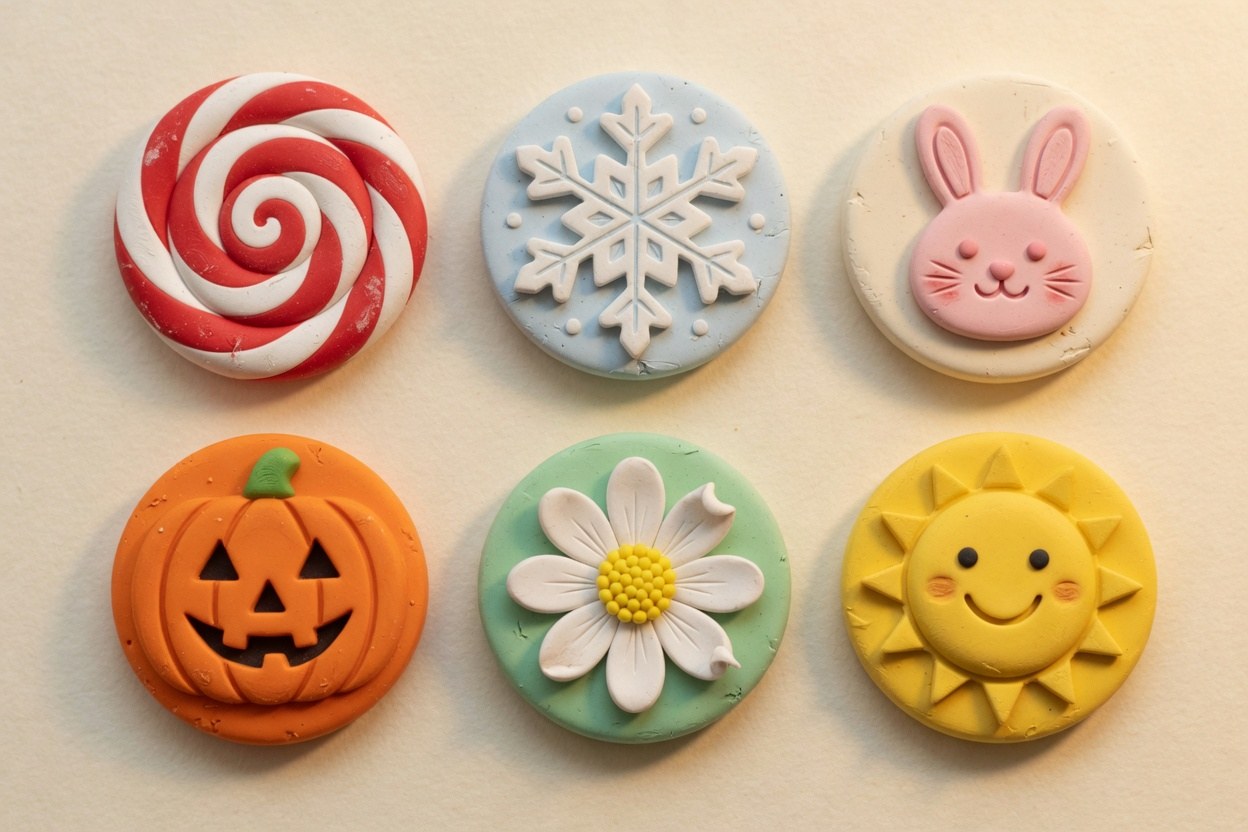 Six clay seasonal belly buttons: peppermint, snowflake, bunny face, pumpkin, flower and sunshine