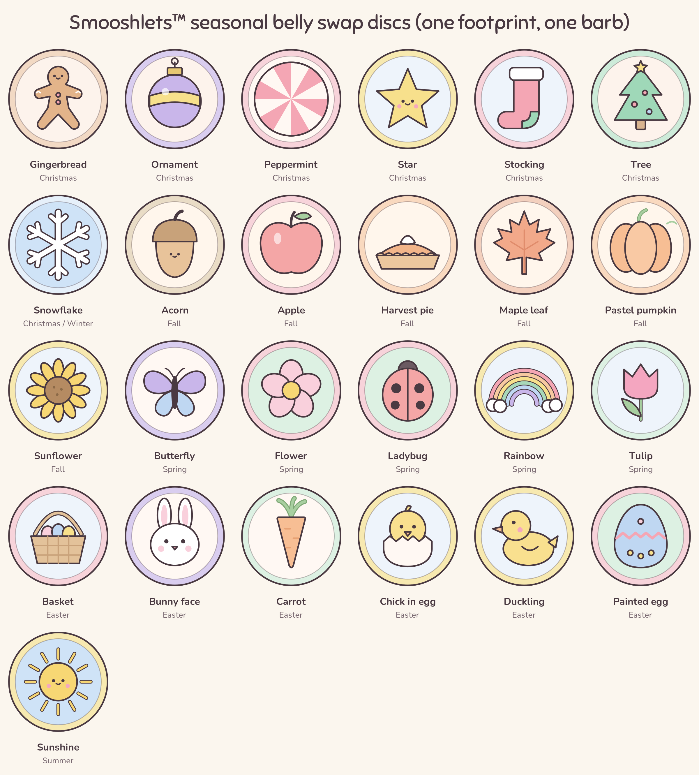 Original pastel seasonal belly disc designs across Christmas, fall, spring, Easter and summer