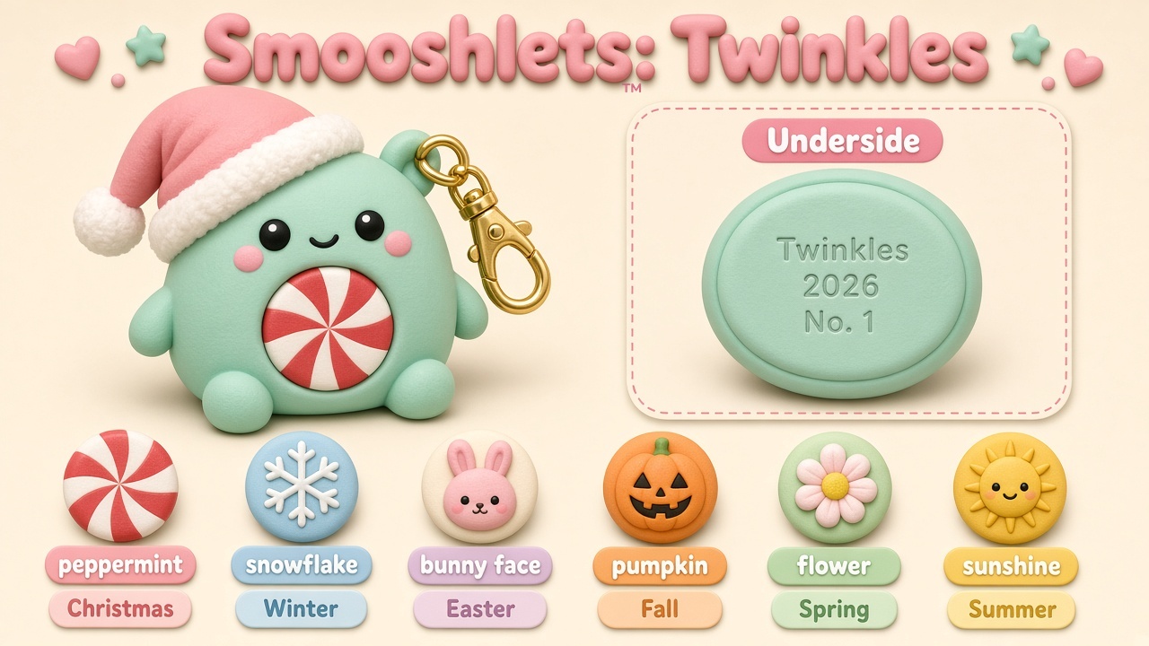 Design render of mint Twinkles figure with pink Santa hat, peppermint belly disc, gold clasp, numbered underside and six seasonal discs
